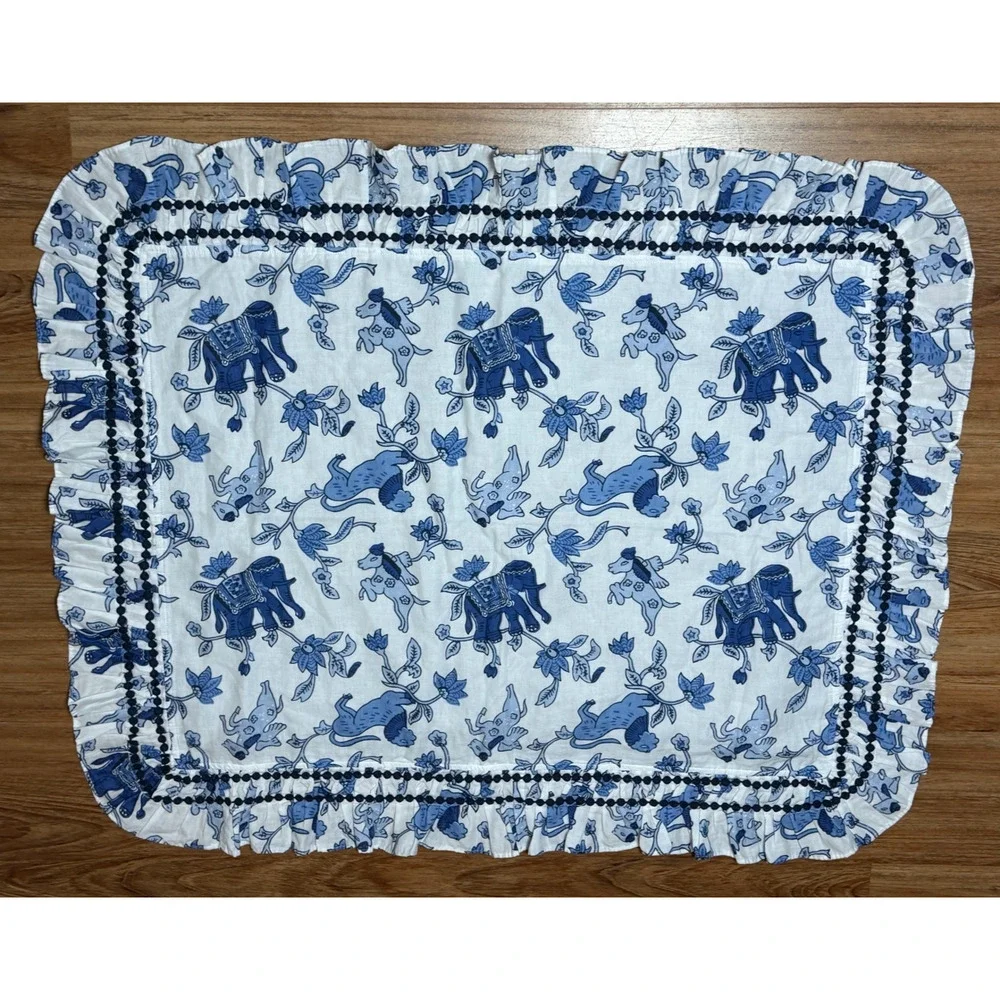 Pottery Barn Roller Rabbit Fantasia Blue King Sham Ruffle Pom Cotton RARE-Sample